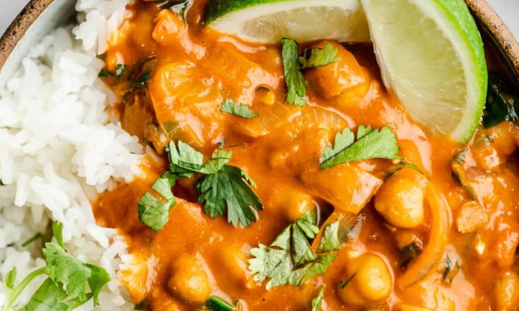 Chickpea Curry with Rice and Roasted Vegetables