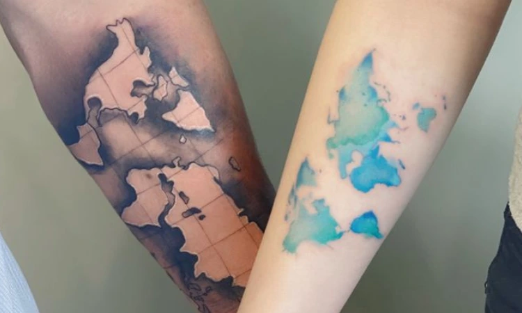 World Map Outline tattoo for couples